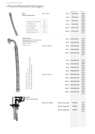 134
Teka | ARMATUREN UND ZUBEHÖR
TEKA XL
flexibler Anschlussschlauch
1
Durchfluss bei 3 bar/l/min 250
min. Radius mm 110
max. Betriebsdruck 16 bar
max. Temperatur 110°C
Innendurchmesser mm 24
Außendurchmesser mm 34,5
AG 1 x IG 1 25 cm
40 cm
60 cm
80 cm
100 cm
150 cm
TFX-A1I1-25
TFX-A1I1-40
TFX-A1I1-60
TFX-A1I1-80
TFX-A1I1-100
TFX-A1I1-150
Preis €Artikelnummer
Panzerflexverbindungen
IG 1/2 x IG 3/4
20 cm
30 cm
40 cm
50 cm
250 cm 
TFGE-I12I34-20
TFGE-I12I34-30
TFGE-I12I34-40
TFGE-I12I34-50
TFGE-I12I34-250
IG 3/4 x IG 3/4
TFGE-I34I34-20
TFGE-I34I34-30
TFGE-I34I34-40
TFGE-I34I34-50
TFGE-I34I34-100
TFGE-I34I34-150
TFGE-I34I34-200
TFGE-I34I34-250
TFGE-I34I34-300
TFGE-I34I34-400
20 cm
30 cm
40 cm
50 cm
100 cm 
150 cm
200 cm
250 cm
300 cm
400 cm
M 10 x 3/8 Mutter TP01850
TP01851
TP01855
350 mm, kurzer Steg
350 mm, langer Steg
500 mm, langer Steg
TEKAFLEX GIGANT
Panzerschläuche mit 1/2 bzw. 3/4 IG
und 90°C Eckanschluss (3/4)
außen Ø 18 mm
innen Ø 13 mm
Durchflussbei3bar/86l./min
min.Radiues43mm,max.Druck20bar
max.Temperatur110°C,Trinkwassergeeignet,Lebensmittelecht.
MiteingepresstenDichtungen(installationsfertig).
TEKAPEX
flexibler Anschlussschauch
24,00
(20,00)
35,00
(29,17)
50,00
(41,67)
55,00
(45,83)
63,00
(52,50)
83,00
(69,17)
23,50
(19,58)
24,50
(20,42)
24,90
(20,75)
25,80
(21,50)
48,00
(40,00)
24,00
(20,00)
25,00
(20,83)
25,50
(21,25)
33,90
(28,25)
35,00
(29,17)
44,00
(36,67)
44,00
(36,67)
48,00
(40,00)
48,00
(40,00)
50,00
(41,67)
8,50
(7,08)
10,00
(8,33)
11,00
(9,17)
 
