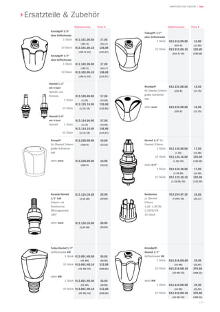 135
| TekaARMATUREN UND ZUBEHÖR
Kristallgriff 3/8
ohne Griffschraube
1 Stück
10 Stück
Kristallgriff 1/2
ohne Griffschraube
1 Stück
10 Stück
17,00
(14,17)
158,00
(131,67)
17,00
(14,17)
158,00
(131,67)
Preis €
R13.101.0N.00
(101 N)
R13.101.0N.10
(101 N/10)
R13.102.0N.00
(102 N)
R13.102.0N.10
(102 N/10)
Artikelnummer
Oberteil 1/2
mit 4-Kant
Spindel und
Einraste
1 Stück
10 Stück
Oberteil 3/8
mit 4-Kant
Spindel 1 Stück
10 Stück
17,50
(14,58)
159,00
(132,50)
17,50
(14,58)
158,00
(131,67)
R13.125.00.00
(1.25)
R13.125.10.00
(1.25/10)
R13.114.00.00
(1.14)
R13.114.10.00
(1.14/10)
Renogriff
für Oberteil D-Norm
große Aufnahme
kalt
detto warm
16,00
(13,33)
16,00
(13,33)
R13.238.0B.00
(238 B)
R13.238.0R.00
(238 R)
Keramik-Oberteil
1/2 kalt
D-Norm mit
Rastbuchse
Öffnungswinkel
180°
detto warm
28,80
(24,00)
28,80
(24,00)
R13.126.CB.00
(1.26 CB)
R13.126.CR.00
(1.26 CR)
Troika-Oberteil 1/2
Griffschraube KW
1 Stück
10 Stück
detto WW
1 Stück
10 Stück
36,00
(30,00)
312,00
(260,00)
36,00
(30,00)
312,00
(260,00)
R13.001.HB.00
(01 HB)
R13.001.HB.10
(01 HB/10)
R13.001.HR.00
(01 HR)
R13.001.HR.10
(01 HR/10)
Kristallgriff-
Oberteil 1/2
Griffschraube KW
1 Stück
10 Stück
detto WW
1 Stück
10 Stück
39,50
(32,92)
370,00
(308,33)
39,50
(32,92)
370,00
(308,33)
R13.010.HB.00
(10 HB)
R13.010.HB.10
(10 HB/10)
R13.010.HR.00
(10 HR)
R13.010.HR.10
(10 HR/10)
Rastbuchse
zu Oberteil
D-Norm
1.26, 1.26-38,
1.26CB/CR
10 Stück
29,00
(24,17)
R13.294.0Y.10
(Y 294/10)
Oberteil 1/2 für
Oberteil D-Norm
1 Stück
10 Stück
detto 3/8
1 Stück
10 Stück
17,50
(14,58)
159,00
(132,50)
17,50
(14,58)
159,00
(132,50)
R13.126.00.00
(1.26)
R13.126.10.00
(1.26/10)
R13.126.38.00
(1.26-38)
R13.126.38.10
(1.26-38/10)
Metallgriff
für Oberteil D-Norm
große Aufnahme
kalt
detto warm
16,50
(13,75)
16,50
(13,75)
R13.232.0B.00
(232 B)
R13.232.0R.00
(232 R)
Troikagriff 1/2
ohne Griffschraube
1 Stück
10 Stück
13,80
(11,50)
120,00
(100,00)
R13.012.0N.00
(012 N)
R13.012.0N.10
(012 N/10)
Preis €Artikelnummer
Ersatzteile  Zubehör
 