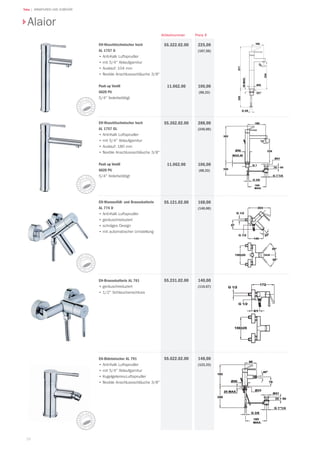 26
Teka | ARMATUREN UND ZUBEHÖR
EH-Wannenfüll- und Brausebatterie
AL 774 D
•	Anti-Kalk Luftsprudler
•	geräuschreduziert
•	schräges Design
•	mit automatischer Umstellung
168,00
(140,00)
55.121.02.00
EH-Brausebatterie AL 761
•	geräuschreduziert
•	1/2" Schlauchanschluss
140,00
(116,67)
55.231.02.00
EH-Bidetmischer AL 791
•	Anti-Kalk Luftsprudler
•	mit 5/4" Ablaufgarnitur
•	Kugelgelenks-Luftsprudler
•	flexible Anschlussschläuche 3/8"
148,00
(123,33)
55.622.02.00
EH-Waschtischmischer hoch
AL 1757 G
•	Anti-Kalk Luftsprudler
•	mit 5/4" Ablaufgarnitur	
•	Auslauf: 104 mm
•	flexible Anschlussschläuche 3/8"
Push up Ventil
6620 PU
5/4" federbetätigt
225,00
(187,50)
106,00
(88,33)
55.322.02.00
11.062.00
EH-Waschtischmischer hoch
AL 1757 GL
•	Anti-Kalk Luftsprudler
•	mit 5/4" Ablaufgarnitur
•		Auslauf: 180 mm
•	flexible Anschlussschläuche 3/8"
Push up Ventil
6620 PU
5/4" federbetätigt
288,00
(240,00)
106,00
(88,33)
55.362.02.00
11.062.00
Alaior
Preis €Artikelnummer
 