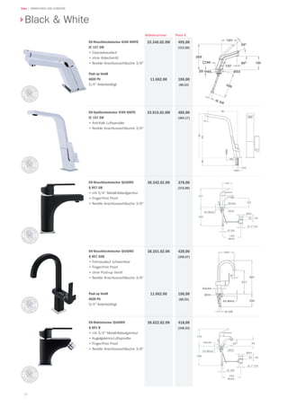 36
Teka | ARMATUREN UND ZUBEHÖR
EH-Waschtischmischer ICON WHITE
IC 157 GW
•	Cascadeauslauf
•	ohne Ablaufventil
•	flexible Anschlussschläuche 3/8"
Push up Ventil
6620 PU
5/4" federbetätigt
495,00
(412,50)
106,00
(88,33)
Preis €
33.346.02.0W
11.062.00
Artikelnummer
EH-Spültischmischer ICON WHITE
IC 157 SW
•	Anti-Kalk Luftsprudler
•	flexible Anschlussschläuche 3/8"
485,00
(404,17)
33.915.02.0W
EH-Waschtischmischer Quadro
Q 857 GB
•	mit 5/4" Metall-Ablaufgarnitur
•	Finger-Print Proof
•	flexible Anschlussschläuche 3/8"
378,00
(315,00)
38.342.02.0N
EH-Waschtischmischer Quadro
Q 857 GSB
•	Formauslauf schwenkbar
•	Finger-Print Proof
•	ohne Push-up Ventil
•	flexible Anschlussschläuche 3/8"
Push up Ventil
6620 PU
5/4" federbetätigt
428,00
(356,67)
106,00
(88,33)
38.351.02.0N
11.062.00
EH-Bidetmischer Quadro
Q 891 B
•	mit 5/4" Metall-Ablaufgarnitur
•	Kugelgelenks-Luftsprudler
•	Finger-Print Proof
•	flexible Anschlussschläuche 3/8"
418,00
(348,33)
38.622.02.0N
Black & White
 