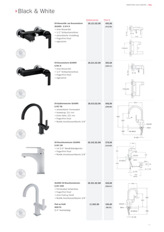 37
| TekaARMATUREN UND ZUBEHÖR
EH-Wannenfüll- und Brausebatterie
Quadro - Q 874 B
•	ohne Brause-Set
•	1/2" Schlauchanschluss
•	automatische Umstellung
•	Finger-Print Proof
•	eigensicher
495,00
(412,50)
38.121.02.0N
EH-Brausebatterie Quadro
Q 861 B
•	ohne Brause-Set
•	1/2" Schlauchanschluss
•	Finger-Print Proof
•	eigensicher
395,00
(329,17)
38.231.02.0N
EH-Spültischmischer Quadro
Q 857 SB
•	schwenkbarer Formauslauf
•	Ausladung: 211 mm
•	lichte Höhe: 221 mm
•	Finger-Print Proof
•	flexible Anschlussschläuche 3/8"
468,00
(390,00)
38.915.02.0N
Preis €Artikelnummer
Black & White
EH-Waschtischmischer Quadro
Q 857 GW
•	mit 5/4" Metall-Ablaufgarnitur
•	Finger-Print Proof
•	flexible Anschlussschläuche 3/8"
38.342.02.0W
Quadro EH-Waschtischmischer
Q 857 GSW
•	Formauslauf schwenkbar
•	Finger-Print Proof
•	ohne Push-up Ventil
•	flexible Anschlussschläuche 3/8"
Push up Ventil
6620 PU
5/4" federbetätigt
38.351.02.0W
11.062.00
378,00
(315,00)
428,00
(356,67)
106,00
(88,33)
 