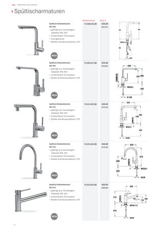 88
Teka | ARMATUREN UND ZUBEHÖR
Spültischarmaturen
Preis €Artikelnummer
Spültisch-Einhebelmischer
INX 914
•	gefertigt aus hochwertigem
Edelstahl AISI 304
•	schwenkbarer Formauslauf
•	flexible Anschlussschläuche 3/8
448,00
(373,33)
74.914.02.00
Spültisch-Einhebelmischer
INX 915
•	gefertigt aus hochwertigem
Edelstahl AISI 304
•	schwenkbarer Formauslauf
•	flexible Anschlussschläuche 3/8
448,00
(373,33)
74.915.02.00
Spültisch-Einhebelmischer
INX 994
•	gefertigt aus hochwertigem
Edelstahl AISI 304
•	schwenkbarer Formauslauf
•	flexible Anschlussschläuche 3/8
535,00
(445,83)
74.994.07.00
Spültisch-Einhebelmischer
INX 938
•	gefertigt aus hochwertigem
Edelstahl AISI 304
•	schwenkbarer Formauslauf
•	Auszugsbrause
•	flexible Anschlussschläuche 3/8
638,00
(531,67)
74.938.02.00
Spültisch-Einhebelmischer
INX 919
•	gefertigt aus hochwertigem
Edelstahl AISI 304
•	schwenkbarer Formauslauf
•	flexible Anschlussschläuche 3/8
468,00
(390,00)
74.919.03.00
 