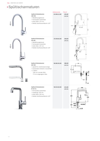 92
Teka | ARMATUREN UND ZUBEHÖR
Spültischarmaturen
Preis €Artikelnummer
Spültisch-Einhebelmischer
VTK 938
•	Metall-Auszugsbrause
•	Formauslauf schwenkbar
•	lichte Höhe: 197 mm
•	flexible Anschlussschläuche 3/8
268,00
(223,33)
24.938.02.00
Spültisch-Einhebelmischer
ARK 998
•	Metall-Auszugsbrause
•	Formauslauf schwenkbar
•	lichte Höhe: 170 mm
•	flexible Anschlussschläuche 3/8
195,00
(162,50)
23.998.12.00
Ø33
G 3/8
354350
40 max.
170
Spültisch-Einhebelmischer
AUK 983
•	speziell für Unterfenstermontage
•	Gussauslauf schwenk-  ausziehbar
•	2 Höhen:
	 - 260 mm normale Höhe
	 - 75 mm eingezogene Höhe
388,00
(323,33)
50.983.02.00
Spültisch-Einhebelmischer
KF 457 SL
•	Formauslauf schwenkbar
•	Ausladung: 195 mm
•	lichte Höhe: 220 mm
•	flexible Anschlussschläuche 3/8
315,00
(262,50)
50.915.02.00
 