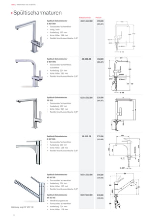 94
Teka | ARMATUREN UND ZUBEHÖR
Preis €Artikelnummer
Spültischarmaturen
Spültisch-Einhebelmischer
FO 915
•	 Gussauslauf schwenkbar
•	 Ausladung: 193 mm
•	 lichte Höhe: 290 mm
•	 flexible Anschlussschläuche 3/8
338,00
(281,67)
62.915.02.00
Spültisch-Einhebelmischer
Q 857 SGH
•	 Gussauslauf schwenkbar
•	 eckig, hoch
•	 Ausladung: 195 mm
•	 lichte Höhe: 284 mm
•	 flexible Anschlussschläuche 3/8
398,00
(331,67)
38.914.02.00
Spültisch-Einhebelmischer
Q 857 HCG
•	 Gussauslauf schwenkbar,
ausziehbar
•	 Ausladung: 224 mm
•	 lichte Höhe: 280 mm
•	 flexible Anschlussschläuche 3/8
458,00
(381,67)
38.938.02
Spültisch-Einhebelmischer
Q 857 SNS
•	 Gussauslauf schwenkbar
•	 Ausladung: 190 mm
•	 lichte Höhe: 154 mm
•	 flexible Anschlussschläuche 3/8
378,00
(315,00)
38.919.25
Spültisch-Einhebelmischer
KF 457 SG
•	 Formauslauf schwenkbar
•	 Ausladung: 224 mm
•	 lichte Höhe: 157 mm
•	 flexible Anschlussschläuche 3/8
Spültisch-Einhebelmischer
KF 457 HC
•	 Metall-Auszugsbrause
•	 Formauslauf schwenkbar
•	 Ausladung: 224 mm
•	 lichte Höhe: 156 mm
198,00
(165,00)
238,00
(198,33)
50.913.02.00
50.978.02.00
Abbildung zeigt KF 457 HC
 