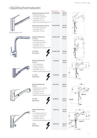 95
| TekaARMATUREN UND ZUBEHÖR
Preis €Artikelnummer
Spültischarmaturen
Spültisch-Einhebelmischer VTK 978
•	Metall-Auszugsbrause
•	Formauslauf schwenkbar
•	Ausladung: 221 mm
•	lichte Höhe: 175 mm
•	flexible Anschlussschläuche 3/8
Spültisch-Einhebelmischer VTK 919
•	Formauslauf schwenkbar
•	Ausladung: 223 mm
•	lichte Höhe: 152 mm
299,00
(249,17)
243,00
(202,50)
24.978.02.00
24.919.02.00
Abbildung zeigt VTK 978
23.938.12.00
23.968.12.00
238,00
(198,33)
278,00
(231,67)
Spültisch-Einhebelmischer
E 157 HCS
•	Metall-Auszugsbrause
•	Formauslauf schwenkbar
•	Ausladung: 221 mm
•	lichte Höhe: 267 mm
•	flexible Anschlussschläuche 3/8
E 157 EHCS
detto drucklos
Spültisch-Einhebelmischer
E 157 HC
•	mit Auszugsbrause
•	Auslauf schwenkbar
•	Ausladung: 200 mm
•	lichte Höhe: 112 mm
•	flexible Anschlussschläuche 3/8
E 157 EHC
detto drucklos
238,00
(198,33)
380,00
(316,67)
42.978.02
23.908.45
Spültisch-Einhebelmischer
S 557 HC
•	Geschirrbrause ausziehbar
•	Metallschlauch 1,5 m
•	Ausladung: 221 mm
•	lichte Höhe: 122 mm
•	flexible Anschlussschläuche 3/8
S 557 EHC
detto drucklos
298,00
(248,33)
418,00
(348,33)
40.978.02
40.908.45
Spültisch-Einhebelmischer
S 558
•	mit Geräteanschluss 3/4
•	Formauslauf schwenkbar
•	Ausladung: 223 mm
•	lichte Höhe: 188 mm
•	flexible Anschlussschläuche 3/8
S 558 E
detto drucklos
313,00
(260,83)
365,00
(304,17)
52.953.12
52.963.18
 