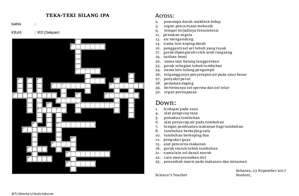 Teka Teki Silang IPA Kelas VIII MTs/ SMP