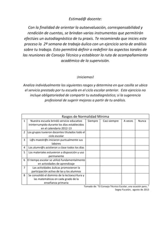 Estimad@ docente:
Con la finalidad de orientar la autoevaluación, corresponsabilidad y
rendición de cuentas, se brindan varios instrumentos que permitirán
efectúes un autodiagnóstico de tu praxis. Te recomiendo que inicies este
proceso la 2ª semana de trabajo áulico con un ejercicio serio de análisis
sobre tu trabajo. Esto permitirá definir o redefinir los aspectos torales de
las reuniones de Consejo Técnico y establecer la ruta de acompañamiento
académico de la supervisión.
¡Iniciemos!
Analiza individualmente los siguientes rasgos y determina en que casilla se ubica
el servicio prestado por tu escuela en el ciclo escolar anterior. Este ejercicio no
incluye obligatoriedad de compartir tu autodiagnóstico; si la sugerencia
profesional de sugerir mejoras a partir de tu análisis.
Rasgos de Normalidad Mínima
1 Nuestra escuela brindó servicio educativo
ininterrumpido durante los días establecidos
en el calendario 2012-13
Siempre Casi siempre A veces Nunca
2 Los grupos tuvieron docentes titulados todo el
ciclo escolar
3 L@s maestr@s iniciaron puntualmente sus
labores
4 Los alumn@s asistieron a clase todos los días
5 Los materiales estuvieron a disposición y uso
permanente
6 El tiempo escolar se utilizó fundamentalmente
en actividades de aprendizaje
7 Las actividades áulicas promovieron la
participación activa de las y los alumnos
8 Se consolidó el dominio de la lectoescritura y
las matemáticas en cada grado de la
enseñanza primaria
Tomado de: “El Consejo Técnico Escolar, una ocasión para..”
Segey Yucatán, agosto de 2013
 