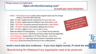 Please ensure to implement
"digital-with-Microfiche-backup route”
to avoid your name being here
• NASA - 1976 Viking mission to Mars where magnetic tape was the storage
medium, more than 80% data lost.
• 2004 - 92 Million digital records missing from American Records.
• 2005 - 40 Million digital data lost of Master Card, AE & Visa in USA.
• 2006 – 26.5 million ex-service personal records lost in United States.
• 2007 – 25 million records of population database lost in Britain.
• 2007 - 50 Million digital pension records lost in Japan.
• National Institute of Oceanography - 15 year Ocean Survey data lost.
• Registration Department –Hyd & Kar and many others have lost digital files.
• Indian Railways – Record Room in 6th Floor Chennai – due to Fire.
• Hyderabad High Court lost huge records stored in hardcopies due to fire.
• Mantralaya Government Records lost due to fire in Maharashtra.
…………………………………………………………………………………………etc.
world’s worst data loss incidences – If you have digital records, Pl check the status 2
Records being the lifeblood of any organization need to be preserved.
 