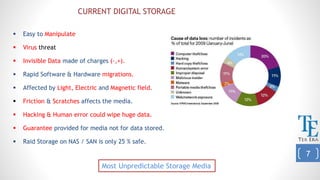 7
CURRENT DIGITAL STORAGE
 Easy to Manipulate
 Virus threat
 Invisible Data made of charges (-,+).
 Rapid Software & Hardware migrations.
 Affected by Light, Electric and Magnetic field.
 Friction & Scratches affects the media.
 Hacking & Human error could wipe huge data.
 Guarantee provided for media not for data stored.
 Raid Storage on NAS / SAN is only 25 % safe.
Most Unpredictable Storage Media
 