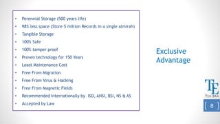 8
• Perennial Storage (500 years life)
• 98% less space (Store 5 million Records in a single almirah)
• Tangible Storage
• 100% Safe
• 100% tamper proof
• Proven technology for 150 Years
• Least Maintenance Cost
• Free From Migration
• Free From Virus & Hacking
• Free From Magnetic Fields
• Recommended Internationally by ISO, ANSI, BSI, NS & AS
• Accepted by Law
Exclusive
Advantage
 