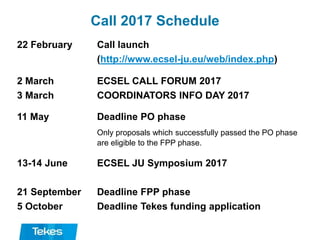 Call 2017 Schedule
22 February Call launch
(http://www.ecsel-ju.eu/web/index.php)
2 March ECSEL CALL FORUM 2017
3 March COORDINATORS INFO DAY 2017
11 May Deadline PO phase
Only proposals which successfully passed the PO phase
are eligible to the FPP phase.
13-14 June ECSEL JU Symposium 2017
21 September Deadline FPP phase
5 October Deadline Tekes funding application
 