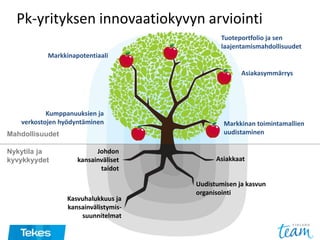 Johdon
kansainväliset
taidot
Kasvuhalukkuus ja
kansainvälistymis-
suunnitelmat
Uudistumisen ja kasvun
organisointi
Asiakkaat
Mahdollisuudet
Nykytila ja
kyvykkyydet
Pk-yrityksen innovaatiokyvyn arviointi
Tuoteportfolio ja sen
laajentamismahdollisuudet
Markkinapotentiaali
Kumppanuuksien ja
verkostojen hyödyntäminen Markkinan toimintamallien
uudistaminen
Asiakasymmärrys
 