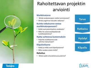 Rahoitettavan projektin
arviointi
Markkinatarve
• Minkä asiakastarpeen olette tunnistaneet?
• Minkä ongelman haluatte ratkaista?
Kuinka ratkaisunne vastaa
markkinatarpeeseen?
• Ketkä ovat potentiaalisia asiakkaita?
• Miksi he ostaisivat/käyttäisivät
tuotetta/palvelua?
Hyöty suhteessa kustannuksiin
• Paljonko asiakkaanne ovat
valmiita maksamaan?
Kilpailutilanne
• Ketkä ja mitkä ovat kilpailijoitanne?
• Miksi asiakas ostaisi teiltä?
Rahoitus
• Mistä saatte omarahoitusosuutenne?
Tarve
Ratkaisu
Hyödyt
Kilpailu
 