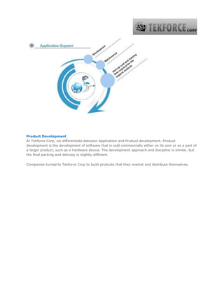 Product Development
At Tekforce Corp, we differentiate between Application and Product development. Product
development is the development of software that is sold commercially either on its own or as a part of
a larger product, such as a hardware device. The development approach and discipline is similar, but
the final packing and delivery is slightly different.
Companies turned to Tekforce Corp to build products that they market and distribute themselves.
 