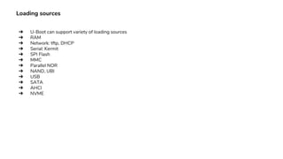 Loading sources
➔ U-Boot can support variety of loading sources
➔ RAM
➔ Network: tftp, DHCP
➔ Serial: Kermit
➔ SPI Flash
➔ MMC
➔ Parallel NOR
➔ NAND, UBI
➔ USB
➔ SATA
➔ AHCI
➔ NVME
 