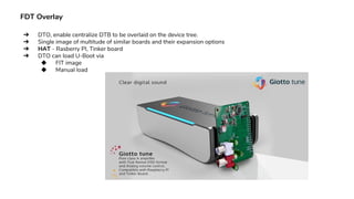 FDT Overlay
➔ DTO, enable centralize DTB to be overlaid on the device tree.
➔ Single image of multitude of similar boards and their expansion options
➔ HAT - Rasberry PI, Tinker board
➔ DTO can load U-Boot via
◆ FIT image
◆ Manual load
 