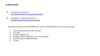 U-Boot build
➔ Git master or dev tree at
http://git.denx.de/?p=u-boot.git;a=summary
➔ Custodian’s or Maintainers tree at
http://git.denx.de/?p=u-boot.git;a=forks
Example of building vyasa RK3288 board, which is ARM platform with arm-linux-gnueabi
1. $ git clone git://git.denx.de/u-boot.git
2. $ u-boot
3. $ export ARCH=arm
4. $ export CROSS_COMPILE=arm-linux-gnueabi-
5. $ make vyasa-rk3288_defconfig
6. $ make
 
