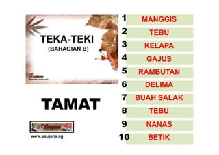 1    MANGGIS
                 2      TEBU
                 3     KELAPA
                 4     GAJUS
                 5    RAMBUTAN
                 6     DELIMA
                 7 BUAH SALAK
    TAMAT        8      TEBU
                 9     NANAS
www.saujana.sg
                 10    BETIK
 