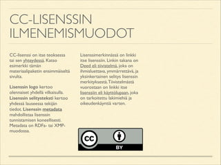 CC-LISENSSIN
ILMENEMISMUODOT
CC-lisenssi on itse teoksessa
tai sen yhteydessä. Katso
esimerkki tämän
materiaalipaketin ensimmäiseltä
sivulta.	

Lisenssin logo kertoo
olennaiset yhdellä vilkaisulla.
Lisenssin selitysteksti kertoo
yhdessä lauseessa tekijän
tiedot. Lisenssin metadata
mahdollistaa lisenssin
tunnistamisen koneellisesti.
Metadata on RDFa- tai XMPmuodossa.	


Lisenssimerkinnässä on linkki
itse lisenssiin. Linkin takana on
Deed eli tiivistelmä, joka on
ihmisluettava, ymmärrettävä, ja
yksinkertainen selitys lisenssin
merkityksestä. Tiivistelmästä
vuorostaan on linkki itse
lisenssiin eli käyttölupaan, joka
on tarkoitettu lakimiehiä ja
oikeudenkäyntiä varten.

 