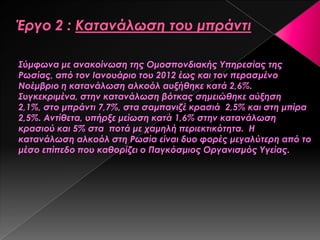 ΢ύμφωνα με ανακοίνωση της Ομοσπονδιακής Τπηρεσίας της
Ρωσίας, από τον Ιανουάριο του 2012 έως και τον περασμένο
Νοέμβριο η κατανάλωση αλκοόλ αυξήθηκε κατά 2,6%.
΢υγκεκριμένα, στην κατανάλωση βότκας σημειώθηκε αύξηση
2,1%, στο μπράντι 7,7%, στα σαμπανιζέ κρασιά 2,5% και στη μπίρα
2,5%. Αντίθετα, υπήρξε μείωση κατά 1,6% στην κατανάλωση
κρασιού και 5% στα ποτά με χαμηλή περιεκτικότητα. Η
κατανάλωση αλκοόλ στη Ρωσία είναι δυο φορές μεγαλύτερη από το
μέσο επίπεδο που καθορίζει ο Παγκόσμιος Οργανισμός Τγείας.
 