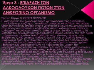 Έρευνα 1(έργο 3): ΘΕΣΙΚΕ΢ ΕΠΙΔΡΑ΢ΕΙ΢
Η κατανάλωση του αλκοόλ με παρέα κοινωνικοποιεί τους ανθρώπους
, συνδυάζεται με συζήτηση , ανταλλαγή απόψεων και αστείων. Μια ακόμη
θετική συνέπεια του αλκοόλ είναι το γεγονός ότι βελτιώνει τη λίμπιντο μιας και
κάνει άρση των αναστολών και βοηθάει στο να χαλαρώσουμε. Επίσης η
καθημερινή κατανάλωση αλκοόλ , αλλά με μέτρο , βοηθά τις γυναίκες να
διατηρήσουν τις διανοητικές τους ικανότητες καθώς διανύουν την τρίτη ηλικία
, σύμφωνα με την πλέον εκτενή μελέτη που έχει γίνει έως σήμερα , που
διεξήχθη σε 12.480 γυναίκες ηλικίας 70 έως 81 ετών επί αρκετές δεκαετίες.
΢ύμφωνα με αυτή, οι γυναίκες που έπιναν ημερησίως ένα ποτηράκι κρασί
, μπίρα ή ένα δυνατό αλκοολούχο ποτό για τουλάχιστον τέσσερα χρόνια
, διέτρεχαν 20% μικρότερο κίνδυνο να παρουσιάσουν μείωση των
διανοητικών τους ικανοτήτων. Επιπλέον οι άνδρες οι οποίοι καταναλώνουν
από 15 έως 19 γραμμάρια αλκοόλης , καθημερινά έχουν 36% λιγότερες
πιθανότητες να παρουσιάσουν διαβήτη τύπου 2 σε σύγκριση με τους άνδρες
οι οποίοι πίνουν λιγότερο ή καθόλου. Για παράδειγμα η κατανάλωση
κρασιού , ένα με δυο ποτηράκια , κάνει καλό στην καρδιά. Επίσης έχει
αντιοξειδωτικές ιδιότητες , το οποίο είναι καλό για την υγεία. Επιπλέον βοηθάει
στο να μειωθεί η χοληστερίνη. Αυξάνει την ‘Καλή χοληστερόλη’. Σέλος , σε
κάποιες περιπτώσεις ‘Ρίχνει’ την πίεση γιατί βοηθάει στο να χαλαρώνουμε.
 