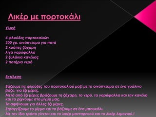 Τλικά
4 φλούδες πορτοκαλιών
300 γρ. οινόπνευμα για ποτά
2 κούπες ζάχαρη
λίγα γαρύφαλλα
2 ξυλάκια κανέλας
2 ποτήρια νερό
Εκτέλεση
Βάζουμε τις φλούδες του πορτοκαλιού μαζί με το οινόπνευμα σε ένα γυάλινο
βάζο, για έξι μέρες.
Μετά από έξι μέρες βράζουμε τη ζάχαρη, το νερό, τα γαρύφαλλα και την κανέλα
και τα ρίχνουμε στο μίγμα μας.
Σα αφήνουμε για άλλες έξι μέρες.
΢τραγγίζουμε το μίγμα και το βάζουμε σε ένα μπουκάλι.
Με τον ίδιο τρόπο γίνεται και το λικέρ μανταρινιού και το λικέρ λεμονιού.!
 