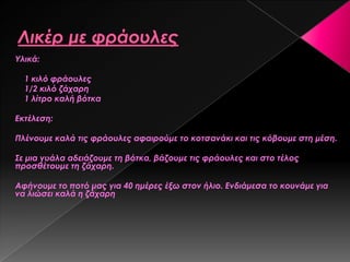 Τλικά:
1 κιλό φράουλες
1/2 κιλό ζάχαρη
1 λίτρο καλή βότκα
Εκτέλεση:
Πλένουμε καλά τις φράουλες αφαιρούμε το κοτσανάκι και τις κόβουμε στη μέση.
΢ε μια γυάλα αδειάζουμε τη βότκα, βάζουμε τις φράουλες και στο τέλος
προσθέτουμε τη ζάχαρη.
Αφήνουμε το ποτό μας για 40 ημέρες έξω στον ήλιο. Ενδιάμεσα το κουνάμε για
να λιώσει καλά η ζάχαρη
 