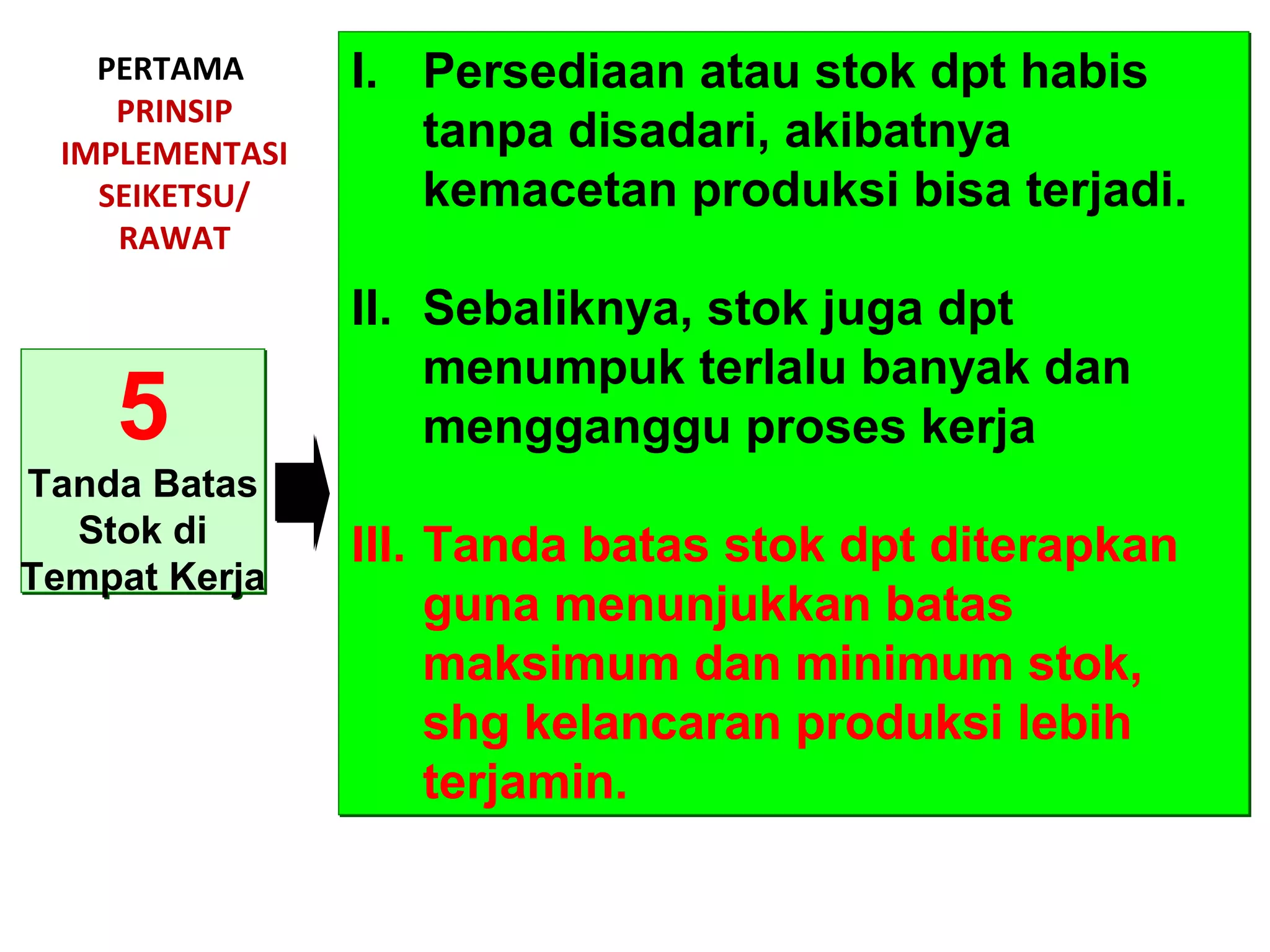 PERTAMA
PRINSIP
IMPLEMENTASI
SEIKETSU/
RAWAT
5
Tanda Batas
Stok di
Tempat Kerja
5
Tanda Batas
Stok di
Tempat Kerja
I. Persediaan atau stok dpt habis
tanpa disadari, akibatnya
kemacetan produksi bisa terjadi.
II. Sebaliknya, stok juga dpt
menumpuk terlalu banyak dan
mengganggu proses kerja
III. Tanda batas stok dpt diterapkan
guna menunjukkan batas
maksimum dan minimum stok,
shg kelancaran produksi lebih
terjamin.
I. Persediaan atau stok dpt habis
tanpa disadari, akibatnya
kemacetan produksi bisa terjadi.
II. Sebaliknya, stok juga dpt
menumpuk terlalu banyak dan
mengganggu proses kerja
III. Tanda batas stok dpt diterapkan
guna menunjukkan batas
maksimum dan minimum stok,
shg kelancaran produksi lebih
terjamin.
 