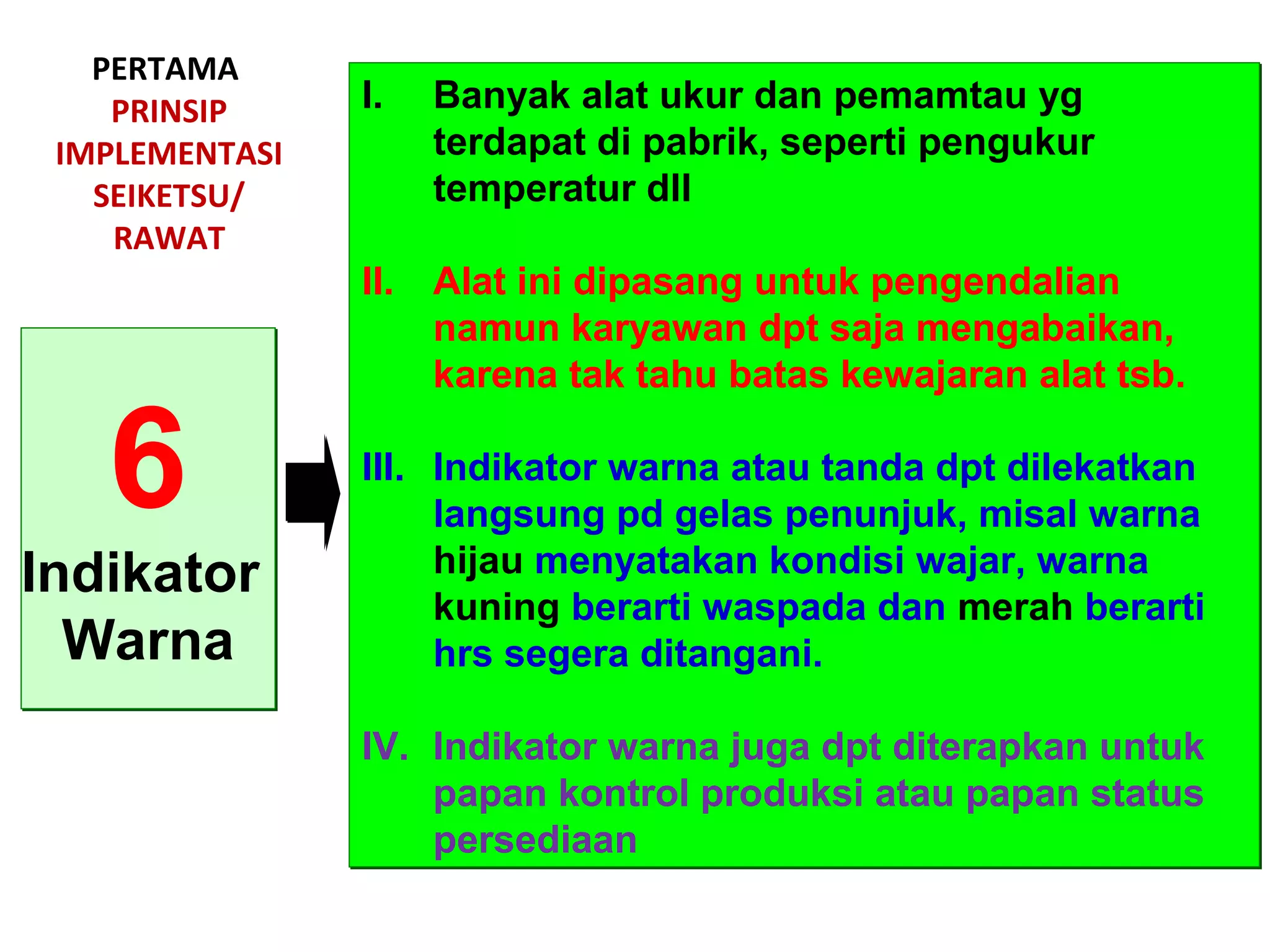 PERTAMA
PRINSIP
IMPLEMENTASI
SEIKETSU/
RAWAT
6
Indikator
Warna
6
Indikator
Warna
I. Banyak alat ukur dan pemamtau yg
terdapat di pabrik, seperti pengukur
temperatur dll
II. Alat ini dipasang untuk pengendalian
namun karyawan dpt saja mengabaikan,
karena tak tahu batas kewajaran alat tsb.
III. Indikator warna atau tanda dpt dilekatkan
langsung pd gelas penunjuk, misal warna
hijau menyatakan kondisi wajar, warna
kuning berarti waspada dan merah berarti
hrs segera ditangani.
IV. Indikator warna juga dpt diterapkan untuk
papan kontrol produksi atau papan status
persediaan
I. Banyak alat ukur dan pemamtau yg
terdapat di pabrik, seperti pengukur
temperatur dll
II. Alat ini dipasang untuk pengendalian
namun karyawan dpt saja mengabaikan,
karena tak tahu batas kewajaran alat tsb.
III. Indikator warna atau tanda dpt dilekatkan
langsung pd gelas penunjuk, misal warna
hijau menyatakan kondisi wajar, warna
kuning berarti waspada dan merah berarti
hrs segera ditangani.
IV. Indikator warna juga dpt diterapkan untuk
papan kontrol produksi atau papan status
persediaan
 