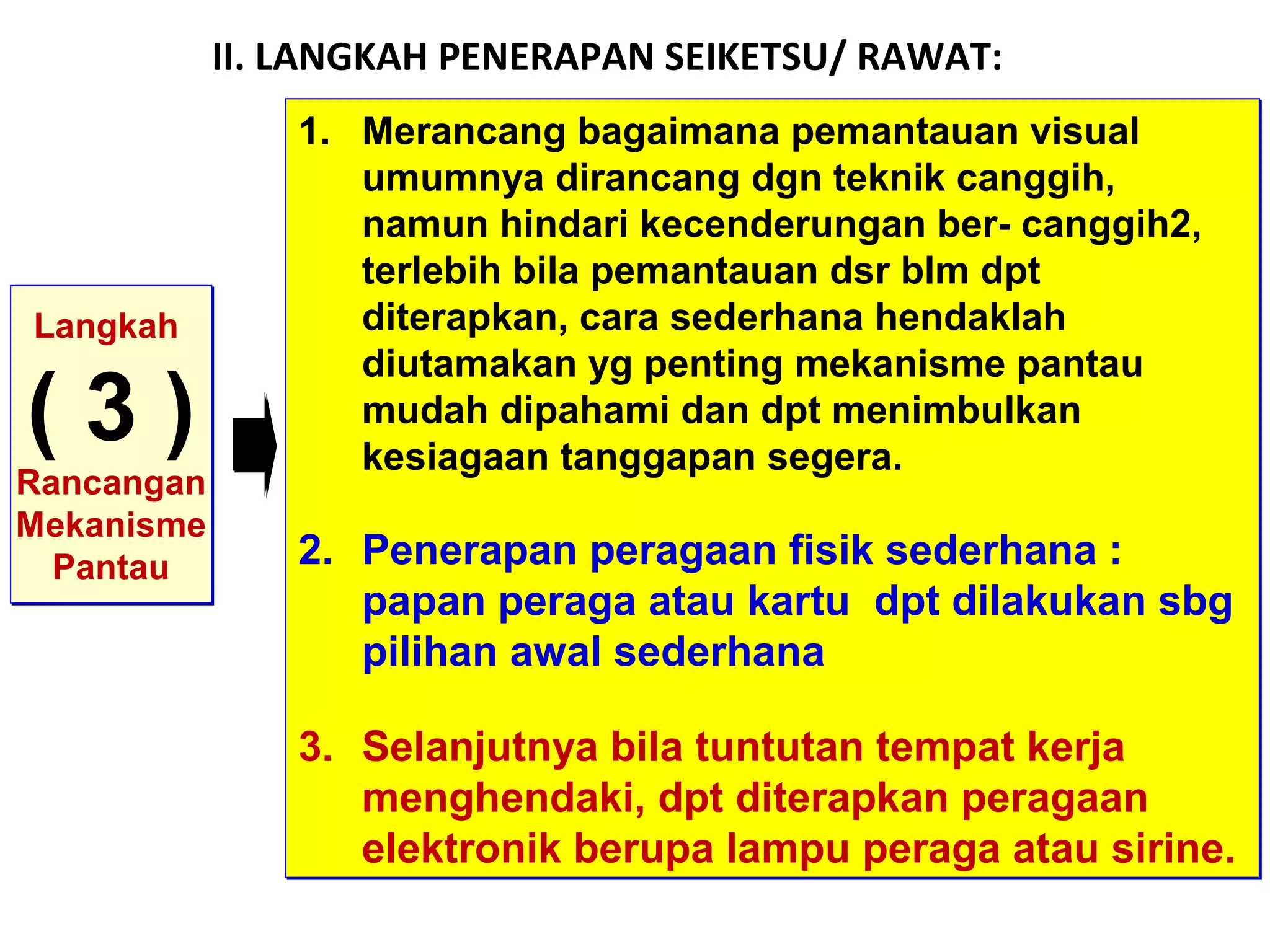 II. LANGKAH PENERAPAN SEIKETSU/ RAWAT:
Langkah
( 3 )
Rancangan
Mekanisme
Pantau
Langkah
( 3 )
Rancangan
Mekanisme
Pantau
1. Merancang bagaimana pemantauan visual
umumnya dirancang dgn teknik canggih,
namun hindari kecenderungan ber- canggih2,
terlebih bila pemantauan dsr blm dpt
diterapkan, cara sederhana hendaklah
diutamakan yg penting mekanisme pantau
mudah dipahami dan dpt menimbulkan
kesiagaan tanggapan segera.
2. Penerapan peragaan fisik sederhana :
papan peraga atau kartu dpt dilakukan sbg
pilihan awal sederhana
3. Selanjutnya bila tuntutan tempat kerja
menghendaki, dpt diterapkan peragaan
elektronik berupa lampu peraga atau sirine.
1. Merancang bagaimana pemantauan visual
umumnya dirancang dgn teknik canggih,
namun hindari kecenderungan ber- canggih2,
terlebih bila pemantauan dsr blm dpt
diterapkan, cara sederhana hendaklah
diutamakan yg penting mekanisme pantau
mudah dipahami dan dpt menimbulkan
kesiagaan tanggapan segera.
2. Penerapan peragaan fisik sederhana :
papan peraga atau kartu dpt dilakukan sbg
pilihan awal sederhana
3. Selanjutnya bila tuntutan tempat kerja
menghendaki, dpt diterapkan peragaan
elektronik berupa lampu peraga atau sirine.
 