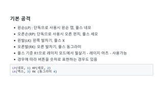 기본 공격
왼손(LP) : 단독으로 사용시 왼손 잽, 플스 네모
오른손(RP): 단독으로 사용시 오른 펀치, 플스 세모
왼발(LK): 왼쪽 발차기, 플스 X
오른발(RK): 오른 발차기, 플스 동그라미
플스 기준 R1으로 레이지 모드에서 필살기 - 레이지 아츠 - 사용가능
경우에 따라 버튼을 숫자로 표현하는 경우도 있음
LP(네모, 1) RP(세모, 2)
LK(엑스, 3) RK (동그라미 4)
 