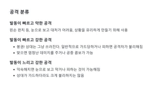 공격 분류
발동이 빠르고 약한 공격
왼손 펀치 등, 눈으로 보고 대처가 어려움, 상황을 유리하게 만들기 위해 사용
발동이 빠르고 강한 공격
붕권! 상대는 그냥 쓰러진다. 일반적으로 가드당하거나 피하면 공격자가 불리해짐
맞으면 엄청난 데미지를 주거나 공중 콤보가 가능
발동이 느리고 강한 공격
익숙해지면 눈으로 보고 막거나 피하는 것이 가능해짐
상대가 가드하더라도 크게 불리하지는 않음
 