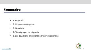 Sommaire
22
• A. Objectifs
• B. Programme/ Agenda
• C. Résultats
• D. Témoignages de migrants
• E. Les 12 Actions prioritaires à travers la Caravane
www.jeader.club
 