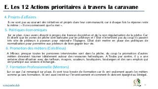 35
E. Les 12 Actions prioritaires à travers la caravane
www.jeader.club
4. Projets d’affaires
Ils ne sont pas au courant des initiatives et projets dans leur communauté, car à chaque fois la réponse reste
la même : « Ils ne connaissent que la mer ».
5. Politiques économiques
Sur ce plan, nous avons discuté à propos des licences de pêches et de la non régularisation de la pêche. Car
ils disent que les zones de pêche sont bafouées par les pêcheurs et l’Etat n’intervient pas du coup ils passent
très vite de pêcheurs à passeurs pour rejoindre l’Espagne. L’Etat doit mettre en place des politiques de
normalisation pour permettre aux pêcheurs de bien gagner leur vie.
6. Promotion des métiers (Cols Bleus)
A Mbour, presque toutes les personnes interviewées sont dans la pêche, du coup la promotion d’autres
métiers devraient tourner idéalement autour des ressources halieutiques. A Touba par contre, il y a une
certaine diversification avec des tailleurs, maçons, soudeurs, boutiquiers, boulangers et des sans emplois qui
ont participé aux sessions d’échanges.
7. Formation Professionnelle (Mentors)
Sur ce que j’ai remarqué sur place, ils sont tous besoin de formation car ils ont seulement appris les métiers
comme ça sans formation. Ils ont aussi insisté sur l’investissement et comment ils doivent épargné au Sénégal.
 