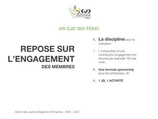 UN CJD QUI TEKKI
REPOSE SUR
L’ENGAGEMENT
DES MEMBRES
1. La discipline pour la
cotisation
1. L’instauration d’une
contribution engagement (en
heures) par exemple 16h par
mois
1. Une formule sponsoring
pour les entreprises JD
1. 1 JD, 1 ACTIVITÉ
Centre des Jeunes Dirigeants d’Entreprise - 2020 - 2022
 