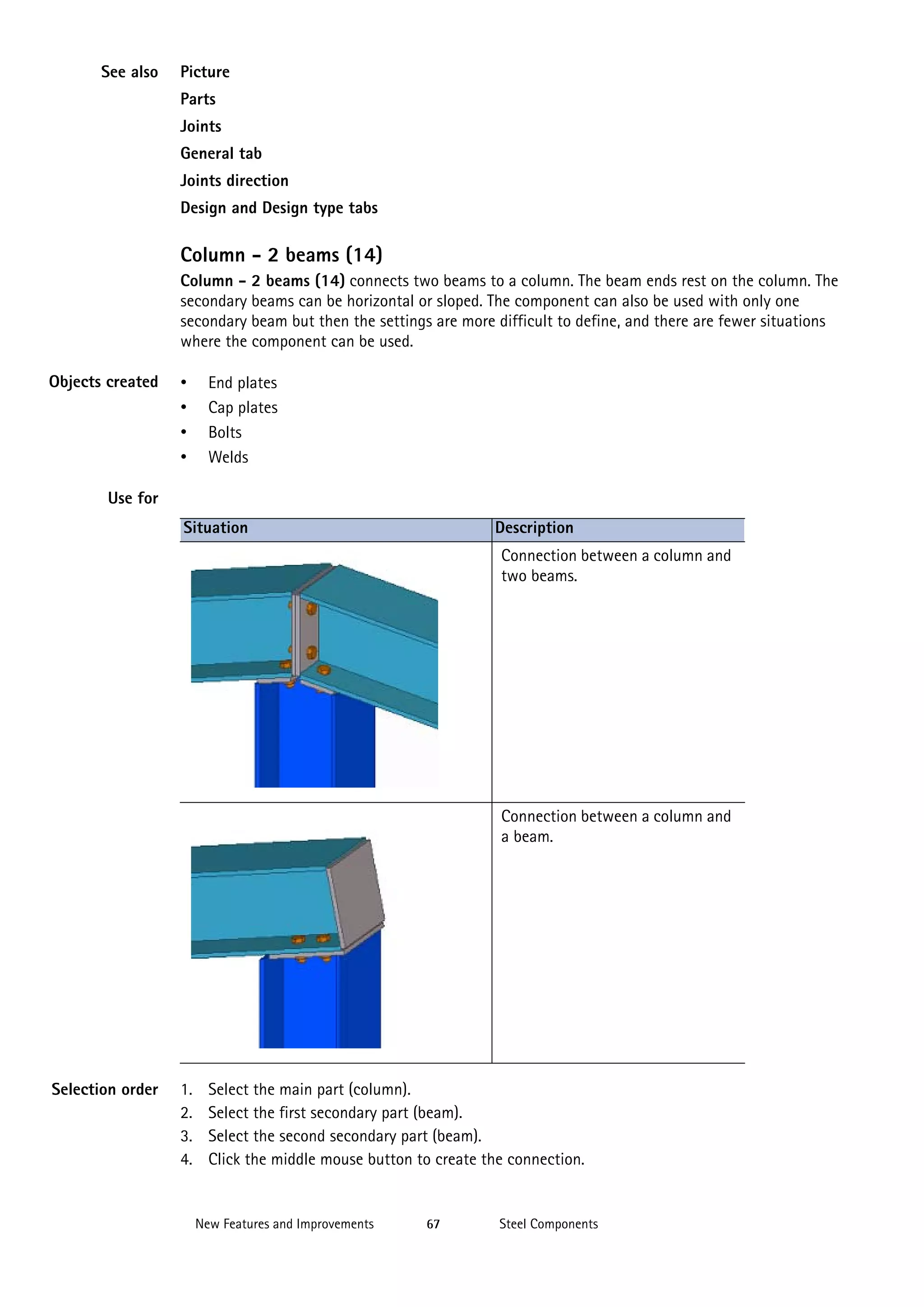 See also

Picture
Parts
Joints
General tab
Joints direction
Design and Design type tabs

Column - 2 beams (14)
Column - 2 beams (14) connects two beams to a column. The beam ends rest on the column. The
secondary beams can be horizontal or sloped. The component can also be used with only one
secondary beam but then the settings are more difficult to define, and there are fewer situations
where the component can be used.
Objects created

•
•
•
•

End plates
Cap plates
Bolts
Welds

Use for
Situation

Description
Connection between a column and
two beams.

Connection between a column and
a beam.

Selection order

1.
2.
3.
4.

Select the main part (column).
Select the first secondary part (beam).
Select the second secondary part (beam).
Click the middle mouse button to create the connection.

New Features and Improvements

67

Steel Components

 