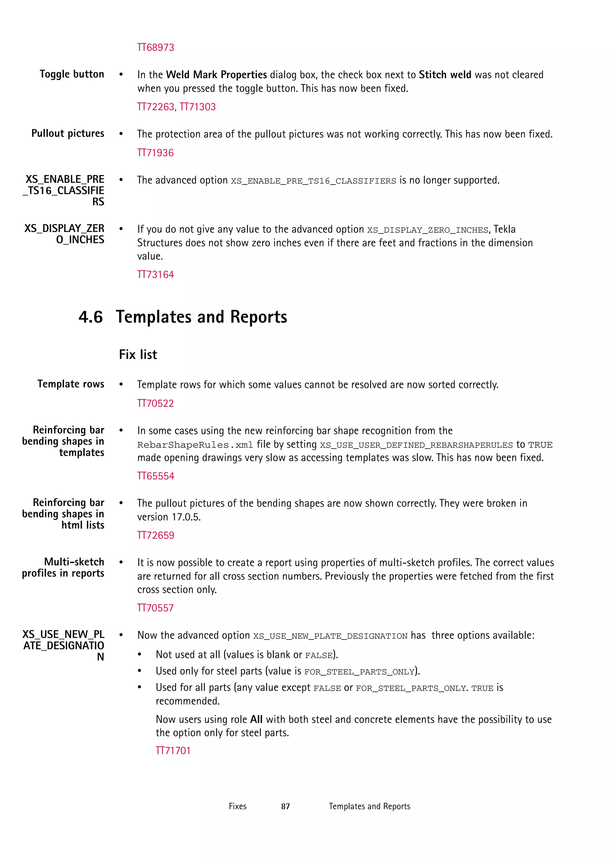 TT68973
Toggle button

•

In the Weld Mark Properties dialog box, the check box next to Stitch weld was not cleared
when you pressed the toggle button. This has now been fixed.
TT72263, TT71303

Pullout pictures

•

The protection area of the pullout pictures was not working correctly. This has now been fixed.
TT71936

XS_ENABLE_PRE
_TS16_CLASSIFIE
RS

•

The advanced option XS_ENABLE_PRE_TS16_CLASSIFIERS is no longer supported.

XS_DISPLAY_ZER
O_INCHES

•

If you do not give any value to the advanced option XS_DISPLAY_ZERO_INCHES, Tekla
Structures does not show zero inches even if there are feet and fractions in the dimension
value.
TT73164

4.6 Templates and Reports
Fix list
Template rows

•

Template rows for which some values cannot be resolved are now sorted correctly.
TT70522

Reinforcing bar
bending shapes in
templates

•

In some cases using the new reinforcing bar shape recognition from the
RebarShapeRules.xml file by setting XS_USE_USER_DEFINED_REBARSHAPERULES to TRUE
made opening drawings very slow as accessing templates was slow. This has now been fixed.
TT65554

Reinforcing bar
bending shapes in
html lists

•

Multi-sketch
profiles in reports

•

The pullout pictures of the bending shapes are now shown correctly. They were broken in
version 17.0.5.
TT72659
It is now possible to create a report using properties of multi-sketch profiles. The correct values
are returned for all cross section numbers. Previously the properties were fetched from the first
cross section only.
TT70557

XS_USE_NEW_PL
ATE_DESIGNATIO
N

•

Now the advanced option XS_USE_NEW_PLATE_DESIGNATION has three options available:

•
•
•

Not used at all (values is blank or FALSE).
Used only for steel parts (value is FOR_STEEL_PARTS_ONLY).
Used for all parts (any value except FALSE or FOR_STEEL_PARTS_ONLY. TRUE is
recommended.
Now users using role All with both steel and concrete elements have the possibility to use
the option only for steel parts.
TT71701

Fixes

87

Templates and Reports

 