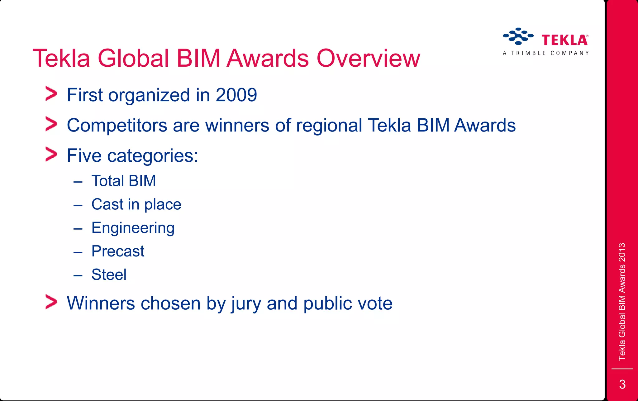 Tekla Global BIM Awards Overview
First organized in 2009
Competitors are winners of regional Tekla BIM Awards
Five categories:
– Total BIM
– Cast in place
– Engineering
– Precast
– Steel
Winners chosen by jury and public vote
TeklaGlobalBIMAwards2013
3
 