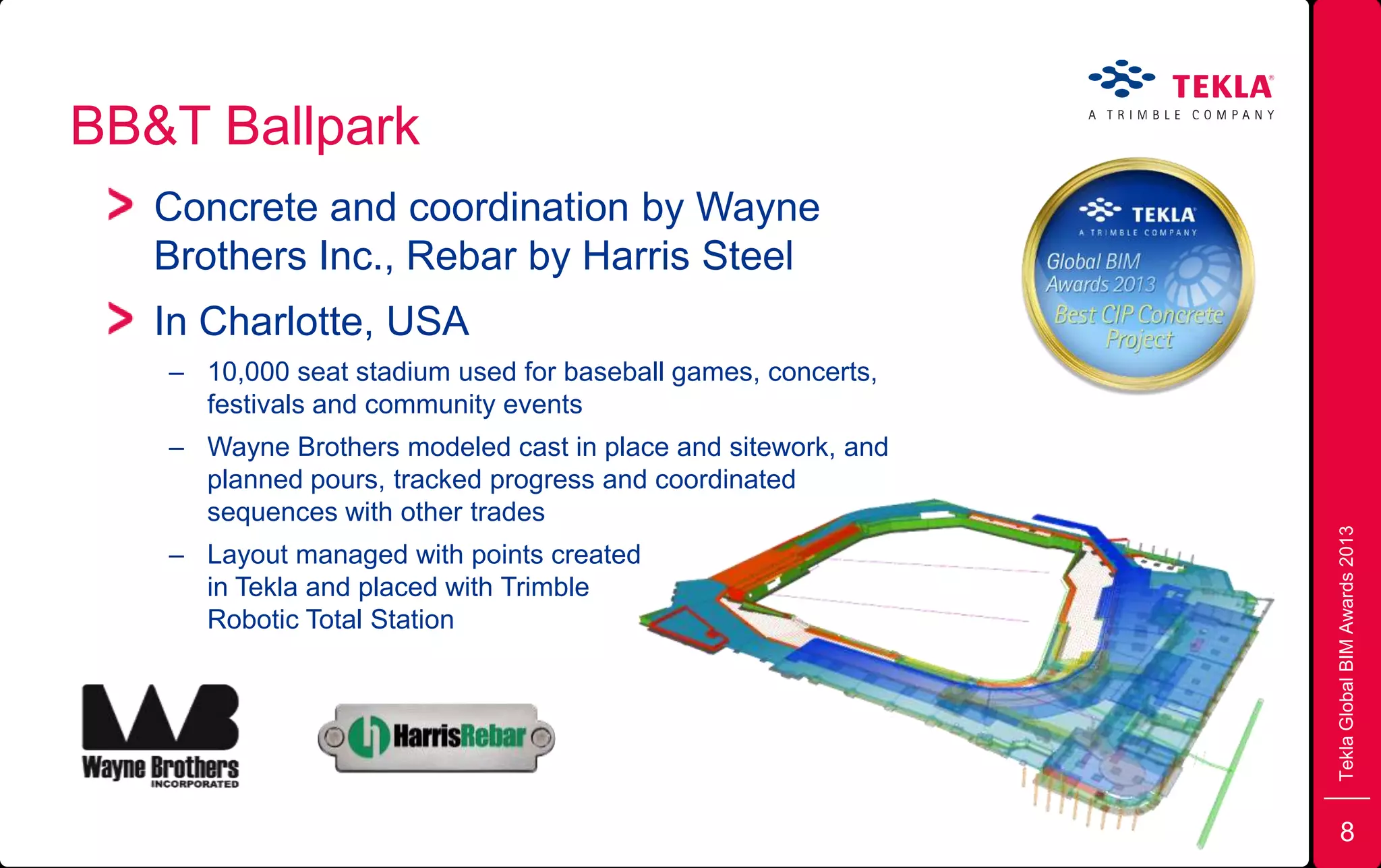 BB&T Ballpark
TeklaGlobalBIMAwards2013
Concrete and coordination by Wayne
Brothers Inc., Rebar by Harris Steel
In Charlotte, USA
– 10,000 seat stadium used for baseball games, concerts,
festivals and community events
– Wayne Brothers modeled cast in place and sitework, and
planned pours, tracked progress and coordinated
sequences with other trades
– Layout managed with points created
in Tekla and placed with Trimble
Robotic Total Station
8
 