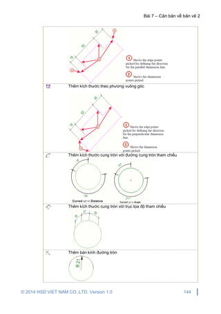 Bài 7 – Căn bản về bản vẽ 2
© 2014 HSD VIET NAM CO.,LTD. Version 1.0 144
Thêm kích thước theo phương vuông góc
Thêm kích thước cung tròn với đường cung tròn tham chiếu
Thêm kích thước cung tròn với trục tọa độ tham chiếu
Thêm bán kính đường tròn
 