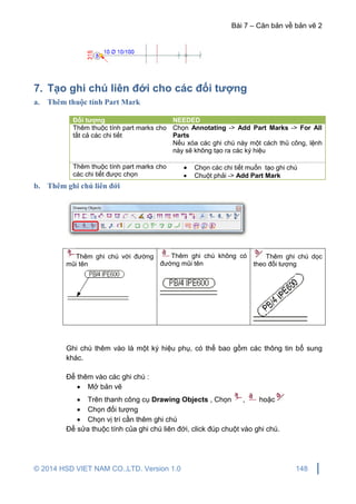 Bài 7 – Căn bản về bản vẽ 2
© 2014 HSD VIET NAM CO.,LTD. Version 1.0 148
7. Tạo ghi chú liên đới cho các đối tượng
a. Thêm thuộc tính Part Mark
Đối tượng NEEDED
Thêm thuộc tính part marks cho
tất cả các chi tiết
Chọn Annotating -> Add Part Marks -> For All
Parts
Nếu xóa các ghi chú này một cách thủ công, lệnh
này sẽ không tạo ra các ký hiệu
Thêm thuộc tính part marks cho
các chi tiết được chọn
 Chọn các chi tiết muốn tạo ghi chú
 Chuột phải -> Add Part Mark
b. Thêm ghi chú liên đới
Thêm ghi chú với đường
mũi tên
Thêm ghi chú không có
đường mũi tên
Thêm ghi chú dọc
theo đối tượng
Ghi chú thêm vào là một ký hiệu phụ, có thể bao gồm các thông tin bổ sung
khác.
Để thêm vào các ghi chú :
 Mở bản vẽ
 Trên thanh công cụ Drawing Objects , Chọn , hoặc
 Chọn đối tượng
 Chọn vị trí cần thêm ghi chú
Để sửa thuộc tính của ghi chú liên đới, click đúp chuột vào ghi chú.
 