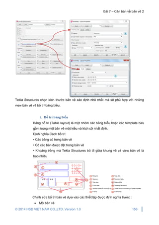 Bài 7 – Căn bản về bản vẽ 2
© 2014 HSD VIET NAM CO.,LTD. Version 1.0 156
Tekla Structures chọn kích thước bản vẽ xác định nhỏ nhất mà sẽ phù hợp với những
view bản vẽ và bố trí bảng biểu.
i. Bố trí bảng biểu
Bảng bố trí (Table layout) là một nhóm các bảng biểu hoặc các template bao
gồm trong một bản vẽ một kiểu và kích cỡ nhất định.
Định nghĩa Cách bố trí:
• Các bảng có trong bản vẽ
• Có các bàn được đặt trong bản vẽ
• Khoảng trống mà Tekla Structures bỏ đi giữa khung vẽ và view bản vẽ là
bao nhiêu
Chỉnh sửa bố trí bản vẽ dựa vào các thiết lập được định nghĩa trước :
 Mở bản vẽ
 