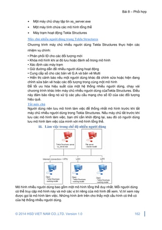 Bài 8 – Phối hợp
© 2014 HSD VIET NAM CO.,LTD. Version 1.0 162
• Một máy chủ chạy tập tin xs_server.exe
• Một máy tính chứa các mô hình tổng thể
• Máy trạm hoạt động Tekla Structures
Máy chủ nhiều người dùng trong Tekla Structures
Chương trình máy chủ nhiều người dùng Tekla Structures thực hiện các
nhiệm vụ chính:
• Phân phối ID cho các đối tượng mới
• Khóa mô hình khi ai đó lưu hoặc đánh số trong mô hình
• Xác định các máy trạm
• Giữ đường dẫn đề nhiều người dùng hoạt động
• Cung cấp số cho các bản vẽ G.A và bản vẽ Multi
• Hiển thị cảnh báo nếu một người dùng khác đã chỉnh sửa hoặc hiện đang
chỉnh sửa bản vẽ hoặc các đối tượng trong cùng một mô hình
Để tối ưu hóa hiệu suất của một hệ thống nhiều người dùng, chạy vài
chương trình khác trên máy chủ nhiều người dùng củaTekla Structures. Điều
này đảm bảo rằng nó xử lý các yêu cầu mạng cho số ID của các đối tượng
hiệu quả.
Tắt máy chủ
Người dùng nên lưu mô hình làm việc để thống nhất mô hình trước khi tắt
máy chủ nhiều người dùng trong Tekla Structures. Nếu máy chủ tắt trước khi
lưu các mô hình làm việc, bạn chỉ cần khởi động lại, sau đó có người dùng
lưu mô hình làm việc của mình với mô hình tổng thể.
iii. Làm việc trong chế độ nhiều người dùng
Mô hình nhiều người dùng bao gồm một mô hình tổng thể duy nhất. Mỗi người dùng
có thể truy cập mô hình này và mở các vị trí riêng của mô hình để xem. Vị trí xem này
được gọi là mô hình làm việc. Những hình ảnh trên cho thấy một cấu hình có thể có
của hệ thống nhiều người dùng.
 