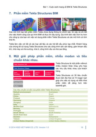 Bài 1 - Cuộc cách mạng về BIM & Tekla Structures
© 2014 HSD VIET NAM CO.,LTD. Version 1.0 18
7. Phần mềm Tekla Structures BIM
Các mô hình tạo bởi phần mềm Tekla chứa đựng thông tin chính xác, tin cậy và chi tiết
cho việc thành công của qui trình BIM và thực thi xây dựng. Qui trình làm việc trơn tru hơn
cho công ty của bạn với việc sử dụng phần mềm Tekla Structures và các mô hình có tính
khả thi.
Tekla làm việc với tất cả các loại vật liệu và các hệ kết cấu phức tạp nhất. Khách hàng
của chúng tôi sử dụng Tekla Structures cho các công trình sân vận động, giàn khoan dầu
khí, nhà máy và nhà xưởng, nhà ở, công trình cầu và nhà cao tầng.
8. Một giải pháp phần mềm, nhiều modun và tiêu
chuẩn khác nhau.
Tekla Structure là một phần mềmcó
nhiều modun khác nhau phù hợp
các nhu cầu khác nhau của khách
hàng.
Tekla Structures có 30 tiêu chuẩn
được bản địa hóa và 14 noggn ngữ
giúp cho việc sử dụng và triển khai
phần mềm dễ dàng hơn trên
toànthế giới.
Các tiêu chuẩn có sẵn của phần mềm Tekla Structures
Default environment Australasia
Austria Brazil
China Czech
Finland France
Germany Greece
Hungary India
Italy Japan
Middle-East Netherlands
Norway Poland
Portugal Russia
South Africa South America
South-East Asia Spain
Sweden Switzerland
Taiwan United Kingdom
United States (Imperial) United States (Metric)
 