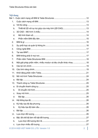 Tekla Structures Khóa căn bản
© 2014 HSD VIET NAM CO.,LTD. Version 1.0 2
Nội dung
Bài 1 - Cuộc cách mạng về BIM & Tekla Structures ..........................................................12
1. Cuộc cách mạng về BIM.......................................................................................13
a. Vẽ thủ công ..........................................................................................................13
b. Thiết kế 2D với sự trợ giúp của máy tính (2D CAD)..........................................13
c. 3D CAD – Mô hình 3 chiều...................................................................................14
d. Mô hình tham số................................................................................................14
e. Phần mềm BIM đầu tiên....................................................................................15
2. BIM là gì ...............................................................................................................16
3. Sự phối hợp và quản lý thông tin..........................................................................16
4. Công nghệ BIM.....................................................................................................17
5. Tại sao BIM?.........................................................................................................17
6. BIM không phải ở mọi nơi.....................................................................................17
7. Phần mềm Tekla Structures BIM..........................................................................18
8. Một giải pháp phần mềm, nhiều modun và tiêu chuẩn khác nhau........................18
9. Các lợi ích chính...................................................................................................19
10. Các tính năng chính..............................................................................................19
11. Khởi động phần mềm Tekla..................................................................................21
12. Mở mô hình Tekla Structures ...............................................................................24
a. Bài tập ..................................................................................................................24
13. Thanh công cụ Tekla Structures...........................................................................25
a. Di chuyển thanh công cụ ......................................................................................25
b. Di chuyển mô hình.............................................................................................25
c. Xoay mô hình........................................................................................................25
d. Bài tập ...............................................................................................................26
14. Hệ thống tọa độ ....................................................................................................26
a. Ký hiệu tọa độ địa phương ...................................................................................26
b. Ký hiệu tọa độ toàn cầu.....................................................................................26
c. Bài tập ..................................................................................................................26
15. Lựa chọn đối tượng..............................................................................................26
a. Bật, tắt chế độ làm nổi bật đối tượng....................................................................27
b. Lựa chọn đối tượng đơn lẻ................................................................................27
c. Lựa chọn nhiều đối tượng ....................................................................................27
 