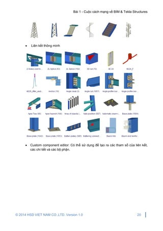Bài 1 - Cuộc cách mạng về BIM & Tekla Structures
© 2014 HSD VIET NAM CO.,LTD. Version 1.0 20
 Liên kết thông minh
 Custom component editor: Có thể sử dụng để tạo ra các tham số của liên kết,
các chi tiết và các bộ phận.
 