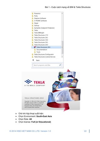 Bài 1 - Cuộc cách mạng về BIM & Tekla Structures
© 2014 HSD VIET NAM CO.,LTD. Version 1.0 22
 Chờ khi hộp thoại xuất hiện.
 Chọn Environment: South-East Asia
 Chọn Role: All
 Chọn license: Full (or Educational)
 
