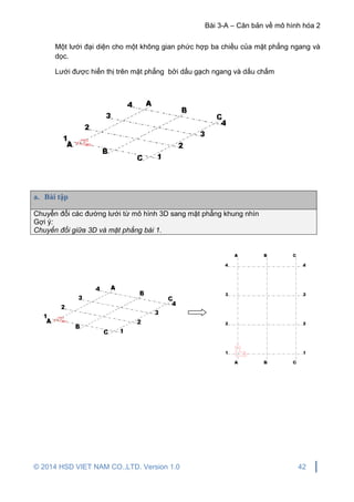 Bài 3-A – Căn bản về mô hình hóa 2
© 2014 HSD VIET NAM CO.,LTD. Version 1.0 42
Một lưới đại diện cho một không gian phức hợp ba chiều của mặt phẳng ngang và
dọc.
Lưới được hiển thị trên mặt phẳng bởi dấu gạch ngang và dấu chấm
a. Bài tập
Chuyển đổi các đường lưới từ mô hình 3D sang mặt phẳng khung nhìn
Gợi ý:
Chuyển đổi giữa 3D và mặt phẳng bài 1.
 