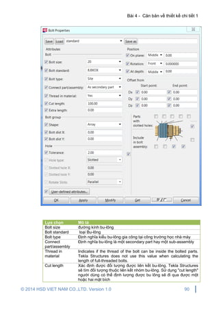 Bài 4 - Căn bản về thiết kế chi tiết 1
© 2014 HSD VIET NAM CO.,LTD. Version 1.0 90
Lựa chọn Mô tả
Bolt size đường kính bu-lông
Bolt standard loại Bu-lông
Bolt type Định nghĩa kiểu bu-lông gia công tại công trường học nhà máy
Connect
part/assembly
Định nghĩa bu-lông là một secondary part hay một sub-assembly
Thread in
material
Indicates if the thread of the bolt can be inside the bolted parts.
Tekla Structures does not use this value when calculating the
length of full-threaded bolts.
Cut length Xác định được đối tượng được liên kết bu-lông. Tekla Structures
sẽ tìm đối tượng thuộc liên kết nhóm bu-lông. Sử dụng "cut length"
người dùng có thể định lượng được bu lông sẽ đi qua được một
hoặc hai mặt bích
 