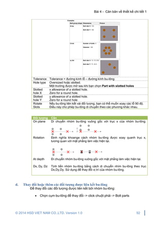 Bài 4 - Căn bản về thiết kế chi tiết 1
© 2014 HSD VIET NAM CO.,LTD. Version 1.0 92
Tolerance Tolerance = đường kính lỗ – đường kính bu-lông
Hole type Oversized hoặc slotted.
Một trường được mở sau khi bạn chọn Part with slotted holes
Slotted
hole X
x allowance of a slotted hole.
Zero for a round hole.
Slotted
hole Y
y allowance of a slotted hole.
Zero for a round hole
Rotate
Slots
Nếu bu-lông liên kết vài đối tượng, bạn có thể muốn xoay các lỗ 90 độ.
Điều này cho phép bu-lông di chuyển theo các phương khác nhau.
Đối tượng Cần
On plane Di chuyển nhóm bu-lông vuông gốc với trục x của nhóm bu-lông.
Rotation Định nghĩa khoange cách nhóm bu-lông được xoay quanh trục x,
tương quan với mặt phẳng làm việc hiện tại.
At depth Đi chuyển nhóm bu-lông vuông gốc với mặt phẳng làm việc hiện tại.
Dx, Dy, Dz Tịnh tiến nhóm bu-lông bằng cách di chuyển nhím bu-lông theo trục
Dx,Dy,Dy. Sử dụng để thay đổi vị trí của nhóm bu-lông.
d. Thay đổi hoặc thêm các đối tượng được liên kết bu-lông
Để thay đổi các đối tượng được liên kết bởi nhóm bu-lông:
 Chọn cụm bu-lông để thay đổi -> click chuột phải -> Bolt parts
 